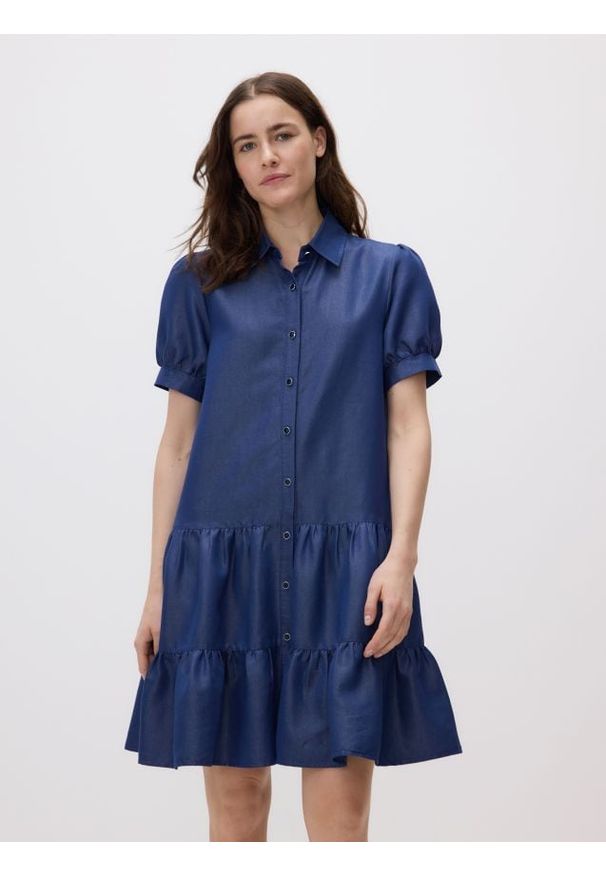 Reserved - Sukienka mini z kołnierzykiem - niebieski. Kolor: niebieski. Materiał: tkanina. Długość: mini