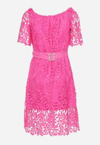 Born2be - Różowa Sukienka Koronkowa z Gumką przy Dekolcie z Paskiem Inessias. Kolor: różowy. Materiał: koronka. Długość rękawa: krótki rękaw #5