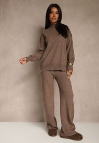 Renee - Brązowy Dzianinowy Komplet z Wełną Spodnie Wide Leg i Sweter z Golfem Lanica. Kolor: brązowy. Materiał: dzianina, wełna