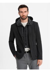 Ombre Clothing - Marynarka męska z podpinką z wysokim kołnierzem i kapturem – czarna V2 OM-BLZB-0133 - XXL. Typ kołnierza: kaptur. Kolor: niebieski. Materiał: dzianina, materiał, syntetyk, poliester. Wzór: aplikacja. Styl: elegancki #3