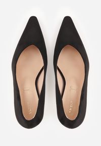 Renee - Czarne Szpilki VICES ze Skórzaną Wkładką na Obcasie z Metalicznym Połyskiem Dorea. Nosek buta: szpiczasty. Kolor: czarny. Materiał: skóra. Obcas: na obcasie. Styl: elegancki. Wysokość obcasa: średni #8