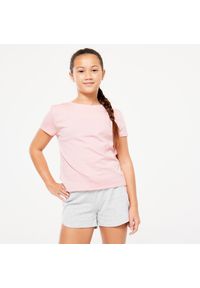 DOMYOS - Koszulka z krótkim rękawem dziecięca Domyos 500. Kolor: różowy. Materiał: elastan, materiał, lyocell, bawełna, poliester. Długość rękawa: krótki rękaw. Długość: krótkie