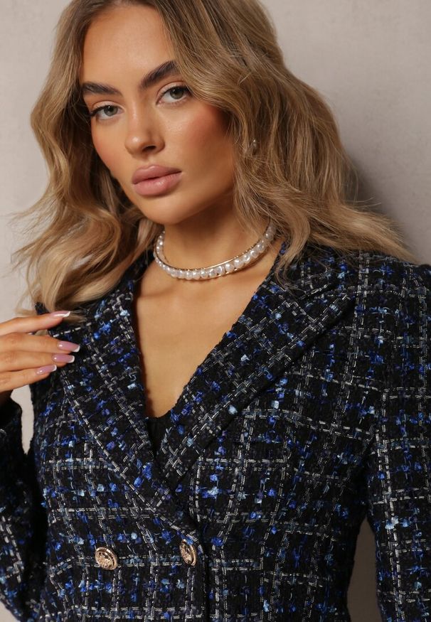Renee - Czarno-Granatowa Tweedowa Marynarka Dwurzędowa Zapinana na Biżuteryjne Guziki Nallet. Kolor: czarny. Materiał: materiał. Styl: retro, elegancki