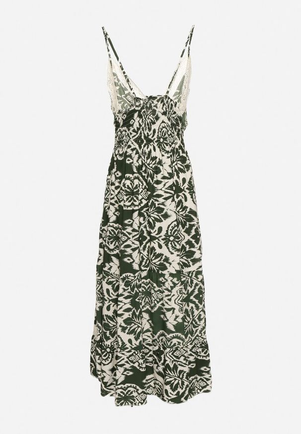 Born2be - Zielona Bawełniana Sukienka Rozkloszowana w Etniczny Wzór z Koronką Taliosha. Okazja: na co dzień. Typ kołnierza: dekolt w kształcie V. Kolor: zielony. Materiał: koronka, bawełna. Długość rękawa: na ramiączkach. Wzór: koronka. Styl: elegancki, casual