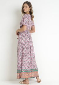 Born2be - Różowa Sukienka z Wiskozy w Etno Wzór z Gumką i Paskiem w Talii Lucassa. Kolor: różowy. Materiał: wiskoza. Styl: etno #5