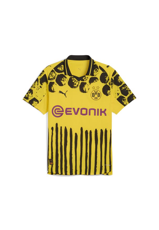 Puma - Męska autentyczna koszulka KIDSUPER × BORUSSIA DORTMUND PUMA. Kolor: czarny, żółty, wielokolorowy. Wzór: geometria, kolorowy. Sport: piłka nożna