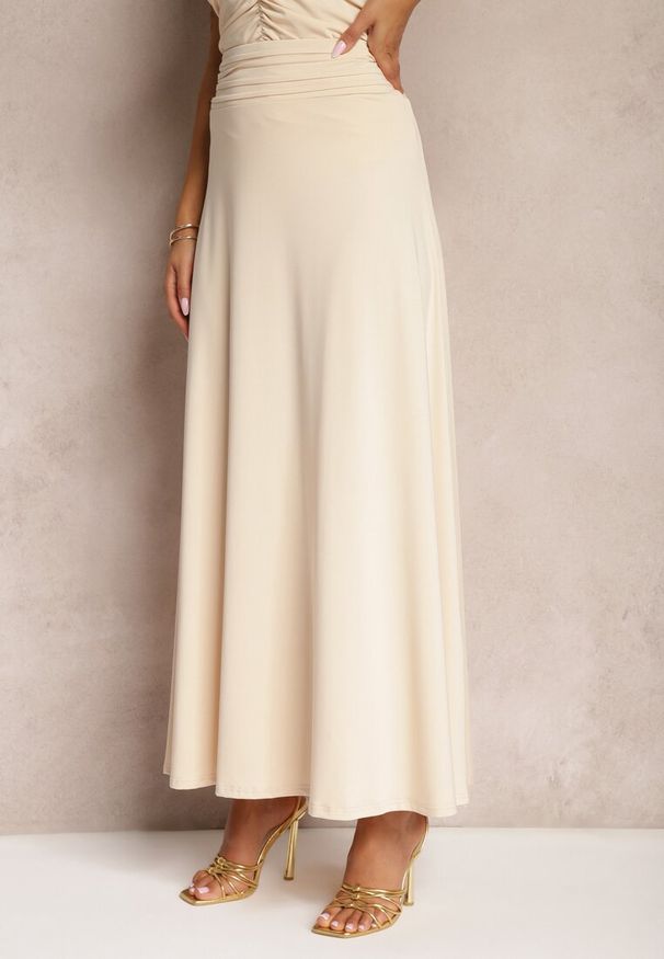 Renee - Beżowa Rozkloszowana Spódnica High Waist z Marszczeniem w Pasie Nolisea. Stan: podwyższony. Kolor: beżowy. Materiał: tkanina
