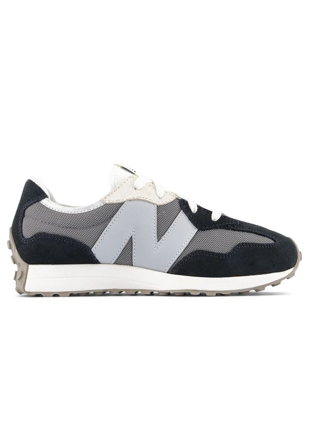Buty dziecięce New Balance GS327LG – szare. Okazja: na co dzień. Kolor: szary. Materiał: guma, zamsz, materiał, syntetyk. Szerokość cholewki: normalna