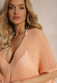 Renee - Pomarańczowa Bluzka Narzutka Oversize o Długim Kroju z Dekoltem w Serek Cota. Typ kołnierza: dekolt w serek. Kolor: pomarańczowy. Długość: długie #5