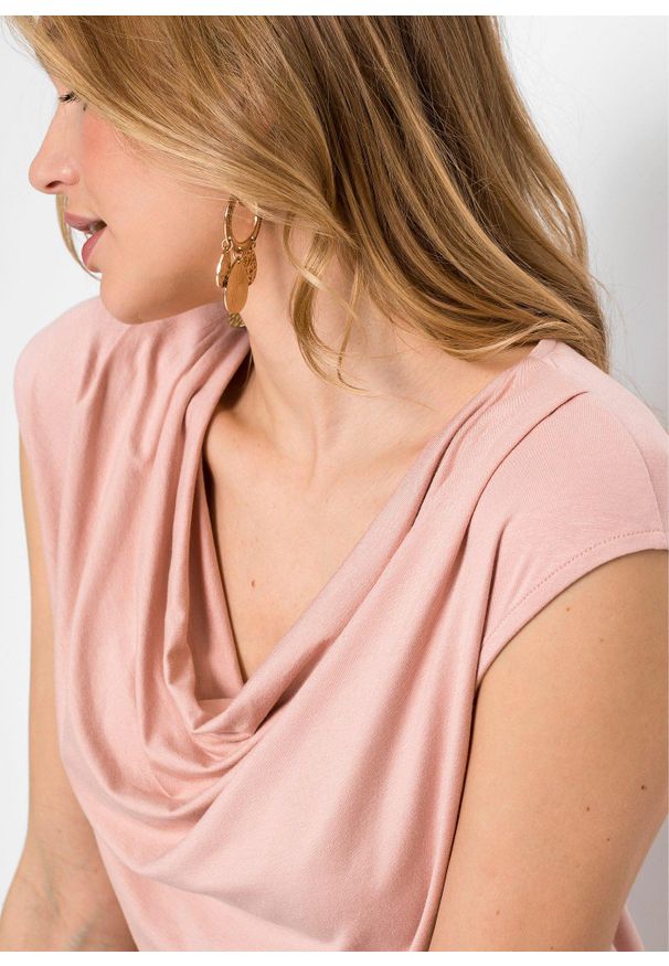 bonprix - Bluzka kaskadowa z mieszanki wiskozy. Typ kołnierza: dekolt woda. Kolor: różowy. Materiał: wiskoza