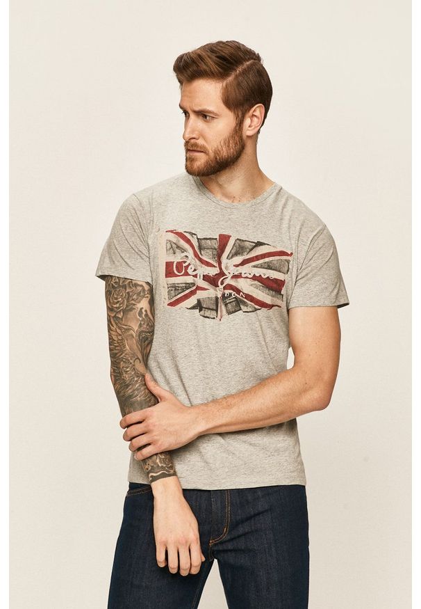 Pepe Jeans - T-shirt. Okazja: na co dzień. Kolor: szary. Materiał: dzianina. Wzór: nadruk. Styl: casual