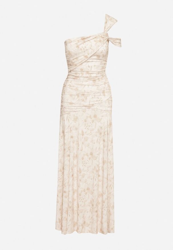 Born2be - Beżowa Taliowana Sukienka na Jedno Ramię w Kwiatowy Wzór Melanisea. Kolor: beżowy. Wzór: kwiaty. Styl: elegancki