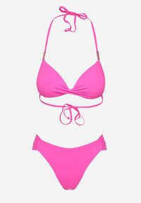 Born2be - Fuksjowe Bikini Biustonosz Push Up z Wiązaniem i Majtki Figi Miraviela. Kolor: różowy. Wzór: haft, ażurowy