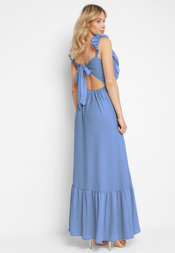 Born2be - Niebieska Sukienka na Ramiączkach z Falbankami i Gumką w Talii z Wiązaniem na Plecach Tiolla. Typ kołnierza: kołnierz z falbankami. Kolor: niebieski. Długość rękawa: na ramiączkach. Styl: wizytowy, klasyczny, elegancki