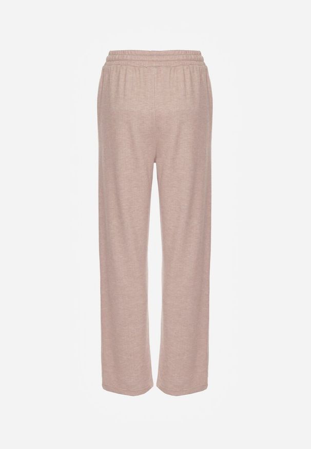 Renee - Beżowe Spodnie High Waist z Gumką i Troczkami w Pasie Rallena. Okazja: na co dzień. Stan: podwyższony. Kolor: beżowy. Styl: casual