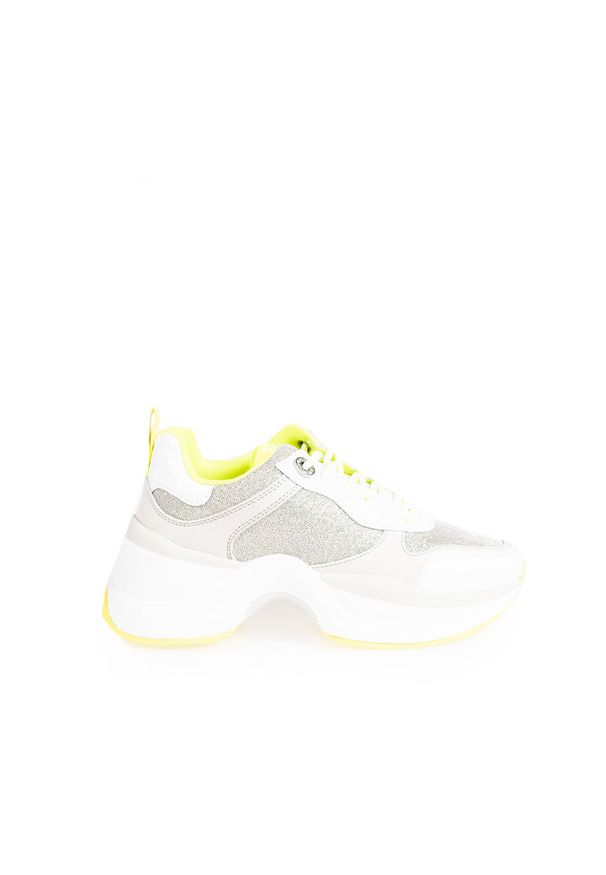 Guess Sneakersy "Juless" | FL7JUS FAB12 | Juless | Kobieta | Biały, Żółty. Kolor: biały, żółty, wielokolorowy. Materiał: materiał, skóra ekologiczna. Wzór: aplikacja. Obcas: na platformie