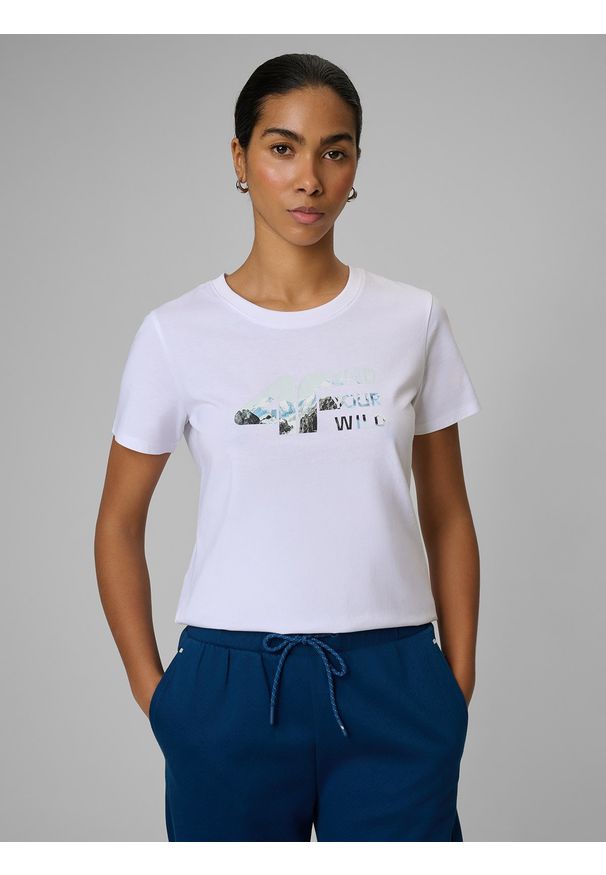 4f - 4F T-shirt regular z nadrukiem damski - biały XS. Okazja: na co dzień. Kolor: biały. Materiał: dzianina, bawełna. Wzór: nadruk. Styl: casual