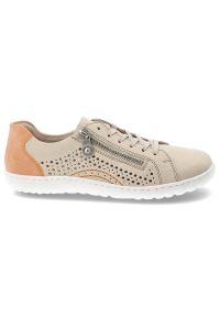 Półbuty damskie Rieker, ze skóry naturalnej licowej ażurowa cholewka zamek i sznurowanie lekka podeszwa, beżowe, 52824-60. Okazja: na co dzień. Zapięcie: sznurówki. Kolor: beżowy. Materiał: skóra. Szerokość cholewki: normalna. Wzór: ażurowy. Sport: turystyka piesza #5