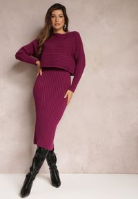 Renee - Fioletowy Dzianinowy Komplet 2-częściowy ze Swetrem i Sukienką Midi Taweisa. Kolor: fioletowy. Materiał: dzianina