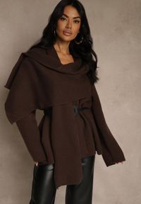 Renee - Brązowy Elegancki Kardigan z Wiskozy z Paskiem i Narzutką Roweda. Kolor: brązowy. Materiał: wiskoza. Styl: elegancki #4