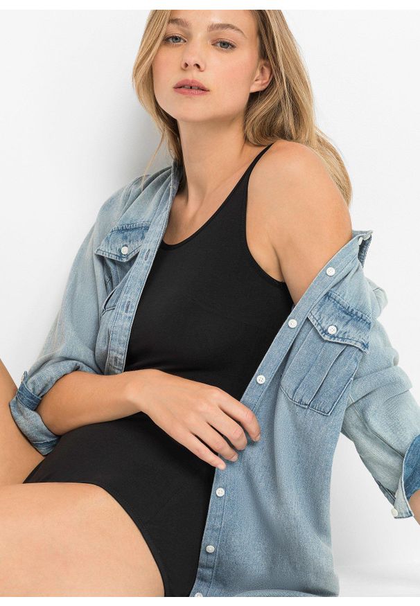 bonprix - Body bez fiszbinów, z bawełną. Kolor: czarny. Materiał: bawełna. Wzór: gładki