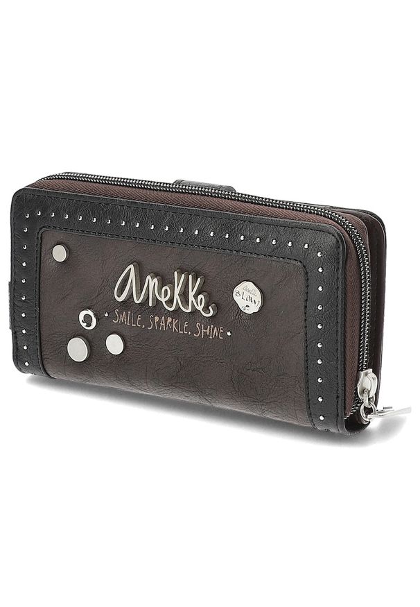 Brązowy Stylowy Portfel Damski Anekke. Kolor: brązowy. Materiał: materiał. Wzór: aplikacja