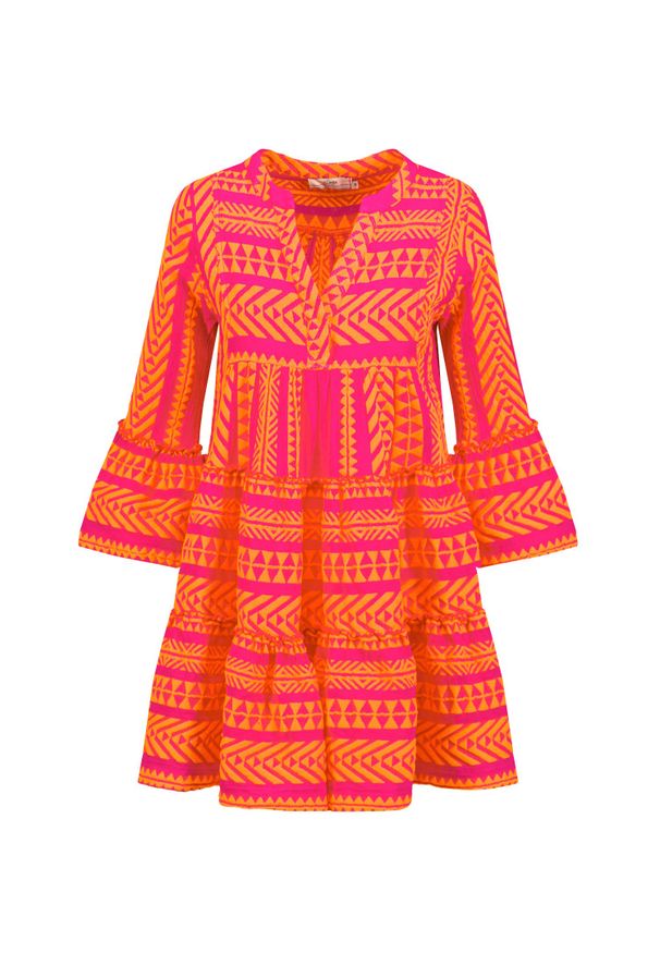 Devotion - Sukienka DEVOTION ELLA DRESS SHORT. Typ kołnierza: dekolt w kształcie V. Kolor: pomarańczowy, różowy, wielokolorowy. Materiał: dresówka, bawełna, tkanina. Sezon: lato. Styl: wakacyjny, elegancki