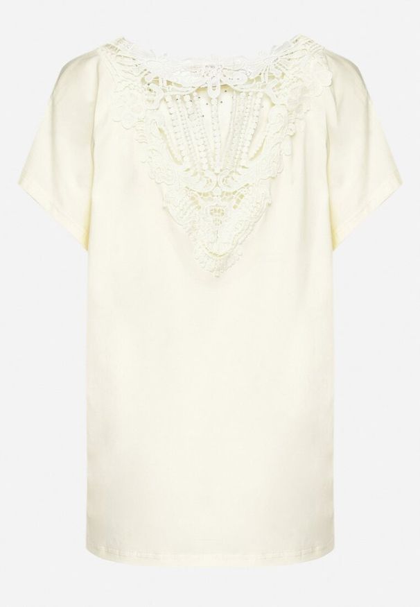 Born2be - Żółty Bawełniany T-shirt Nietoperz z Perłami i Koronką Eleziria. Okazja: na co dzień. Kolor: żółty. Materiał: bawełna, koronka. Wzór: koronka. Styl: casual