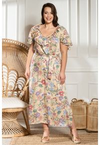 KARKO - Sukienka kobieca letnia zwiewna z rozcięciem long IZKA kolorowe kwiatki na beżu PROMOCJA. Okazja: na spacer, na komunię, na spotkanie biznesowe, na plażę, na wesele, na imprezę, na ślub cywilny. Typ kołnierza: dekolt w kształcie V. Kolekcja: plus size. Kolor: beżowy. Wzór: kolorowy, kwiaty. Typ sukienki: sportowe, dla puszystych, proste. Materiał: wiskoza, tkanina, materiał. Długość rękawa: krótki rękaw. Sezon: lato. Styl: klasyczny, sportowy, biznesowy, wakacyjny, elegancki. Długość: maxi #1