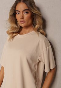 Renee - Beżowy Komplet z Bawełny Proste Szerokie Spodnie z Gumką w Pasie Bluzka z Rozcięciami Vimarases. Kolor: beżowy. Materiał: bawełna. Wzór: aplikacja #5