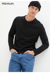 bonprix - Shirt z dekoltem henley i długim rękawem, bezszwowy, z kolekcji Essential, z bawełny organicznej. Typ kołnierza: typu henley. Kolor: czarny. Materiał: bawełna. Długość rękawa: długi rękaw. Długość: długie