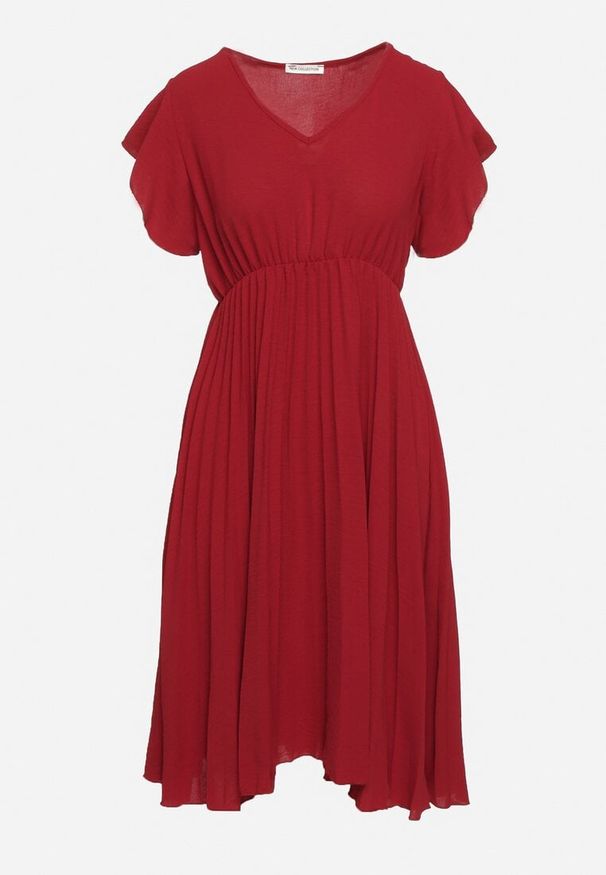 Born2be - Bordowa Sukienka Plisowana o Rozkloszowanym Fasonie i Trójkątnym Dekolcie Rissara. Okazja: na co dzień, na spotkanie biznesowe. Kolor: czerwony. Materiał: skóra, materiał. Długość rękawa: krótki rękaw. Styl: casual, biznesowy, elegancki