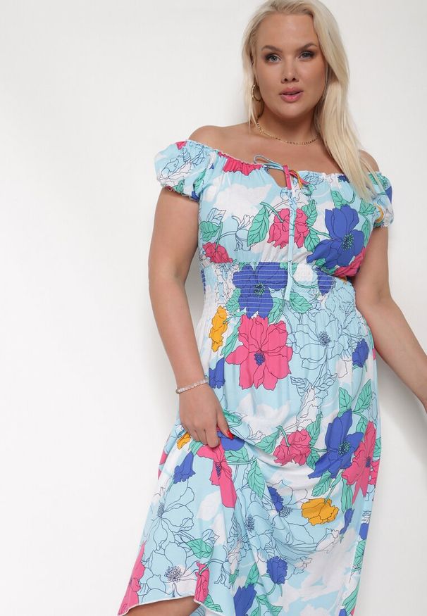 Born2be - Niebiesko-Różowa Sukienka z Bawełny o Rozkloszowanym Kroju z Gumką w Talii Euretta. Okazja: na co dzień. Kolor: niebieski. Materiał: bawełna. Sezon: lato. Typ sukienki: rozkloszowane. Styl: klasyczny, casual