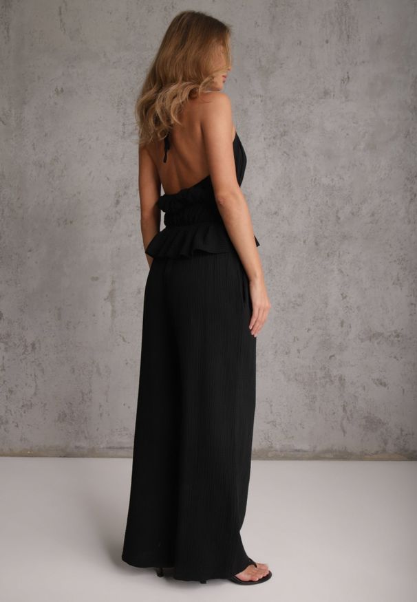 Renee - Czarny Letni Komplet z Bawełny Spodnie Wide Leg i Bluzka Halter z Wiązaniem Apomeda. Kolor: czarny. Materiał: bawełna