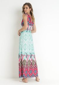 Born2be - Miętowo-Różowa Sukienka z Szeroką Gumką w Talii w Etno Wzór Caroli. Kolor: miętowy. Styl: etno #5