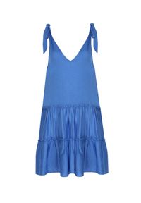 DRYWASH - Krótka sukienka z falbanami. Typ kołnierza: dekolt w serek. Kolor: niebieski. Materiał: len, tkanina. Długość rękawa: na ramiączkach. Sezon: lato. Styl: wakacyjny. Długość: mini #7