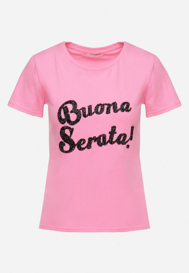 Born2be - Różowy Bawełniany T-shirt z Ozdobnym Napisem z Cyrkonii Tiavalia. Okazja: na co dzień. Kolor: różowy. Materiał: bawełna. Wzór: napisy. Styl: klasyczny, elegancki, wizytowy, casual