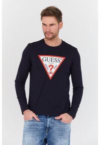 Guess - GUESS Granatowy męski longsleeve Original Logo Tee, Rozmiar XL. Kolor: niebieski. Długość rękawa: długi rękaw