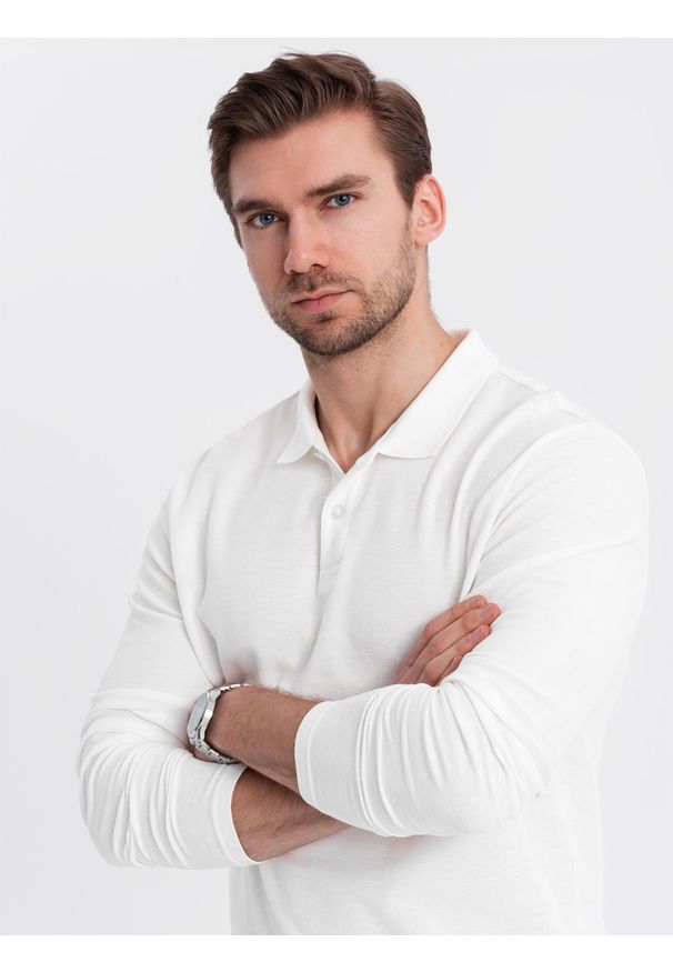 Ombre Clothing - Longsleeve męski BASIC z kołnierzykiem polo – biały V1 - Rozmiar: L. Okazja: do pracy, na co dzień. Typ kołnierza: polo. Kolor: biały. Materiał: bawełna, dzianina. Długość rękawa: długi rękaw. Wzór: ze splotem. Styl: casual, elegancki