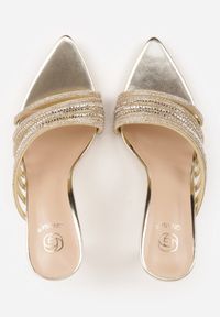 Born2be - Złote Eleganckie Klapki na Szpilce z Paseczkami z Cyrkoniami Naothera. Okazja: na randkę, na wesele, na ślub cywilny. Kolor: złoty. Obcas: na szpilce. Styl: elegancki #6