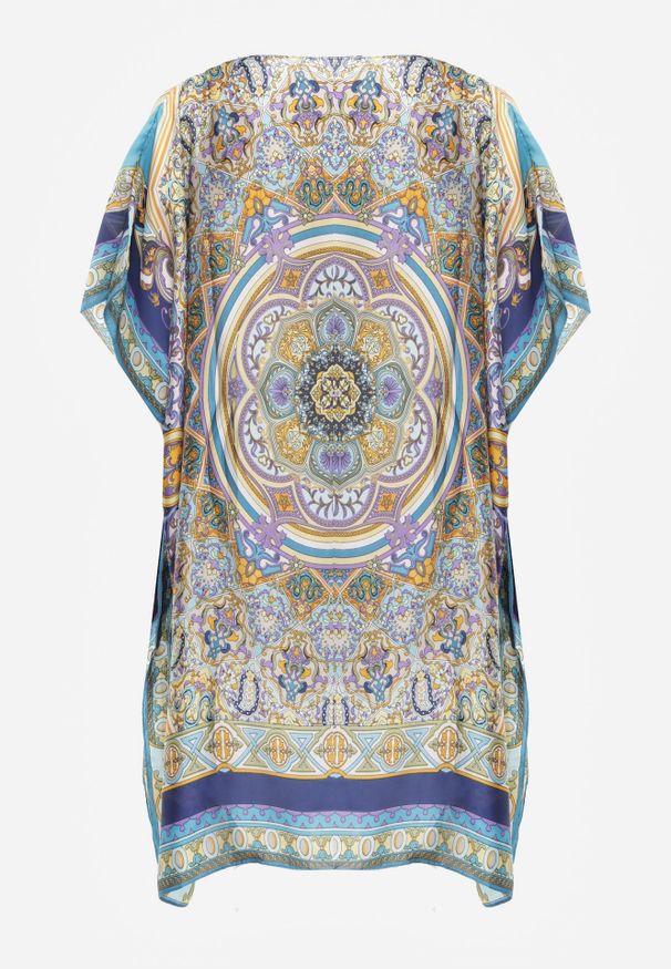 Renee - Niebieskie Satynowe Ponczo z Jedwabiem i Wiskozą w Stylu Boho Prixeis. Okazja: na co dzień. Kolor: niebieski. Materiał: jedwab, wiskoza, satyna. Wzór: nadruk. Styl: boho
