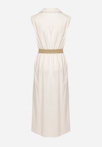 Born2be - Beżowa Bawełniana Sukienka Koszulowa z Gumką w Talii i Paskiem z Klamrą Xalorea. Kolor: beżowy. Materiał: bawełna. Wzór: paski. Typ sukienki: koszulowe #2