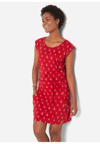 bonprix - Sukienka shirtowa z rękawami motylkowymi i nadrukiem. Kolor: czerwony. Materiał: jersey. Wzór: nadruk #1
