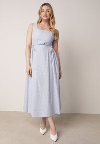 Born2be - Niebieska Bawełniano-Wiskozowa Sukienka Retro w Groszki o Rozkloszowanym Kroju Eviphaia. Okazja: na co dzień. Kolor: niebieski. Materiał: wiskoza, bawełna. Wzór: grochy. Typ sukienki: rozkloszowane. Styl: retro #7