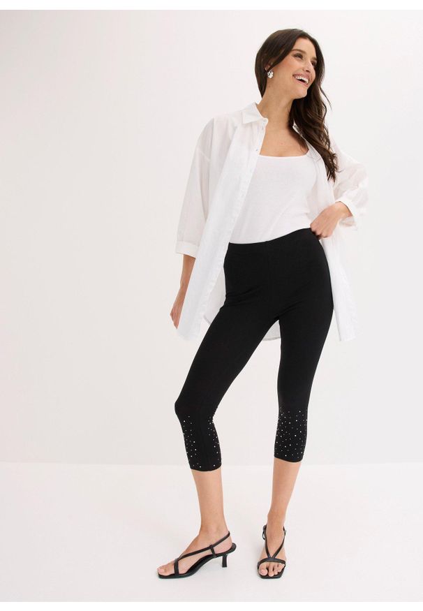 bonprix - Legginsy capri z mieszanki bawełny. Kolor: czarny. Materiał: bawełna. Wzór: aplikacja