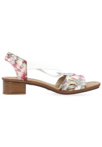 Komfortowe sandały damskie wsuwane w kwiaty multikolor Rieker 62662-90 białe. Zapięcie: bez zapięcia. Kolor: biały. Wzór: kwiaty #6