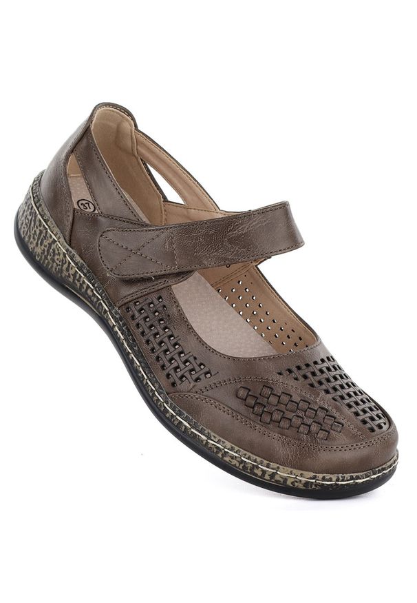 Półbuty damskie na rzep ażurowe fango Unisoft 7026. Zapięcie: rzepy. Materiał: skóra ekologiczna. Wzór: ażurowy