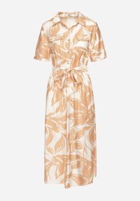 Born2be - Beżowa Wiskozowa Sukienka o Koszulowym Kroju z Wiązanym Paskiem Uloanna. Okazja: na co dzień. Kolor: beżowy. Materiał: wiskoza. Długość rękawa: krótki rękaw. Wzór: aplikacja. Typ sukienki: koszulowe. Styl: klasyczny, casual, elegancki #4