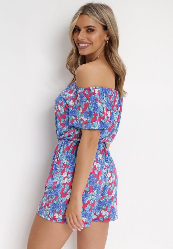 Born2be - Niebiesko-Czerwoni Kombinezon w Kwiaty z Hiszpańskim Dekoltem i Gumką w Talii Eleanodora. Kolor: niebieski. Długość: krótkie. Wzór: kwiaty. Sezon: lato