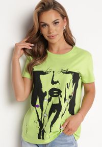 Born2be - Jasnozielony Bawełniany T-shirt z Nadrukiem i Cyrkoniami Cignelia. Kolor: zielony. Materiał: bawełna. Wzór: nadruk #4